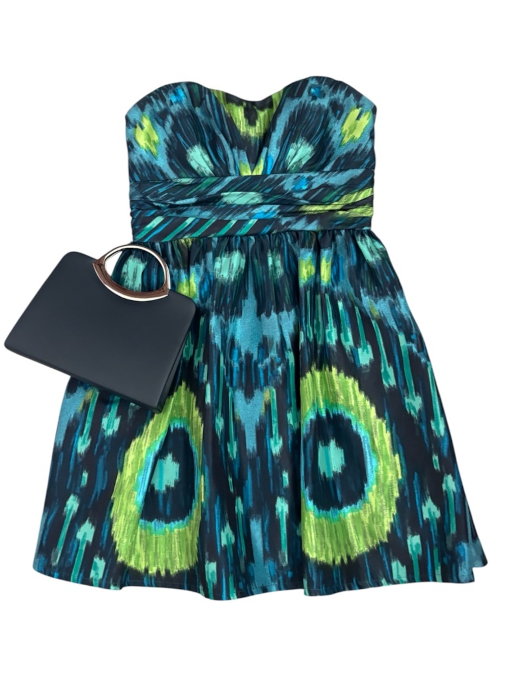 Eliza J Strapless Dress with Pockets- Blue & Green Peacock Print Size 4